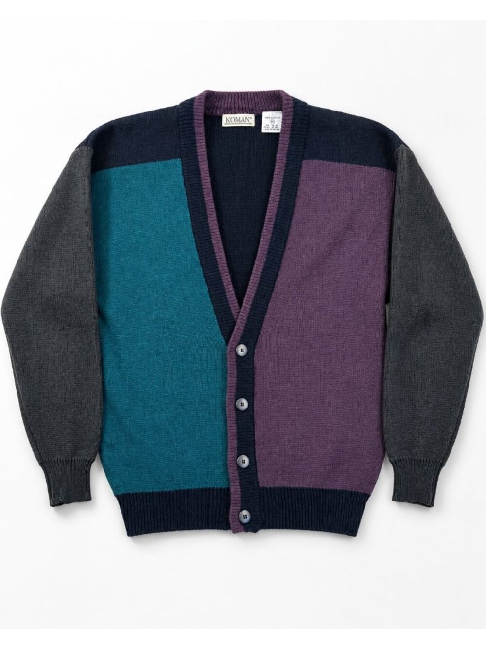 HK61 - Vintage Koman Cardigan Men’s M Teal Purple Black Color Block Grandpa Swea